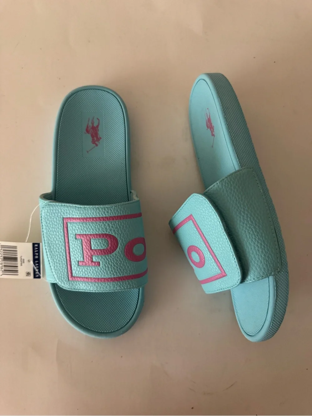 Polo Ralph Lauren Aqua Slide Sandals with Pink Logo. Size: 7